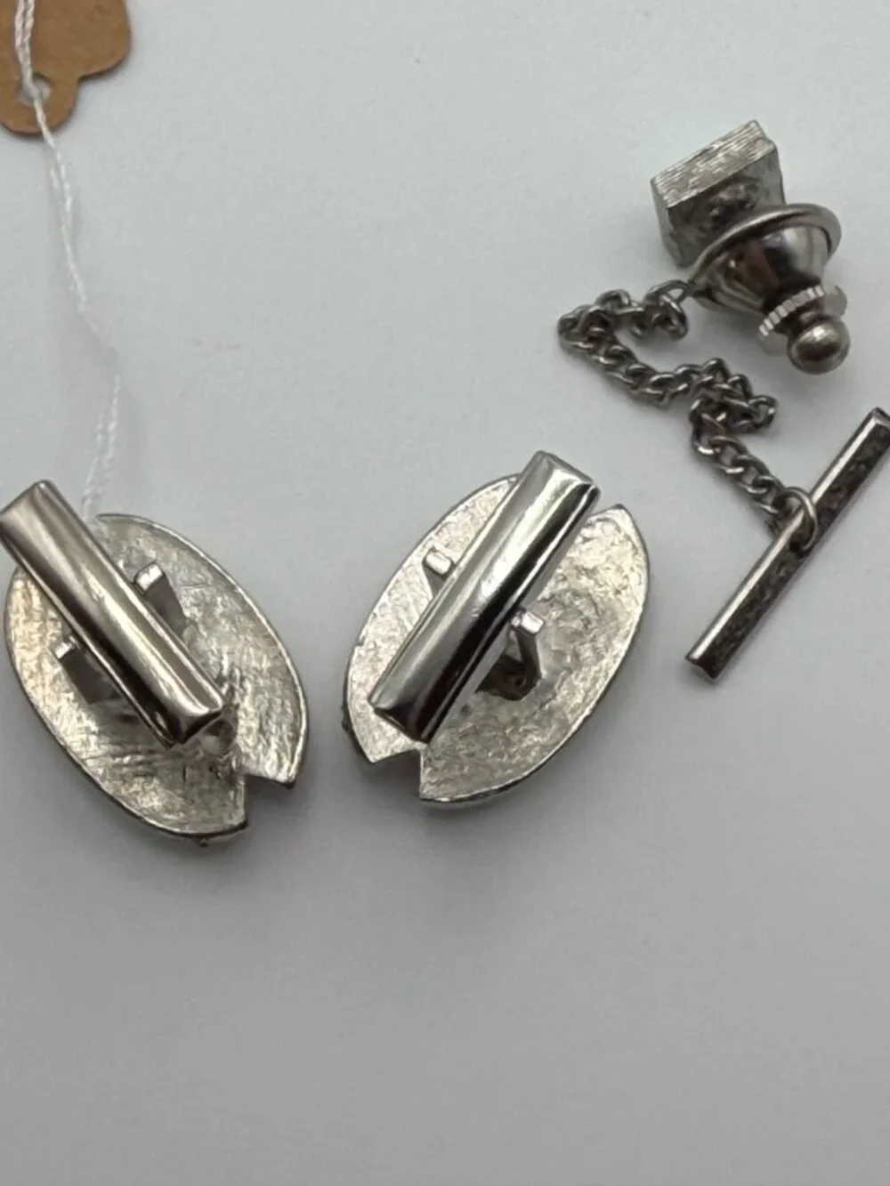 Vintage Iridescent Glass Cufflinks Tie Tack Set Silver Tone MCM 3 piece set
